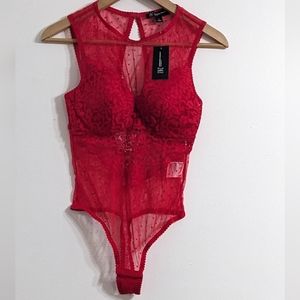 NWT INC Intimates Women's Red Lace Lingerie Thong Bodysuit, Size Small